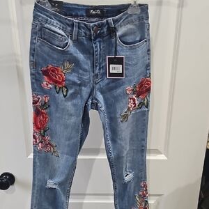 Nanette Lepore Blue  Jeans with Red Floral Embroidery